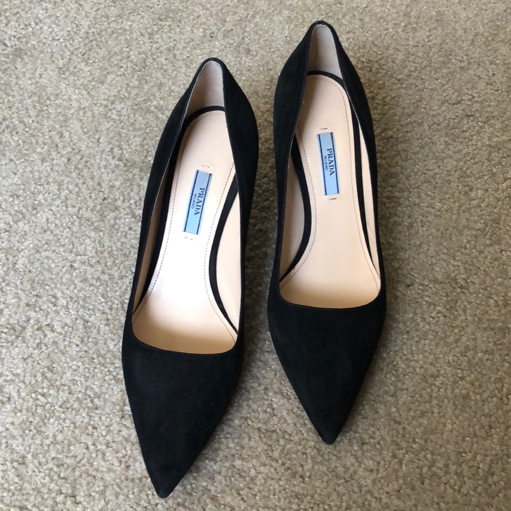 Prada Two Inch Black Suede Heels